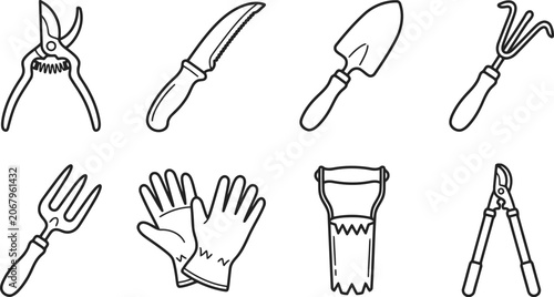 Essential gardening tools collection line art vector icons for horticulture