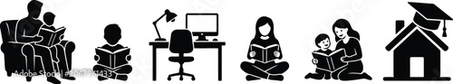Family reading and home education concepts with learning development icons