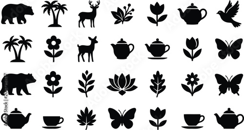 Nature wildlife and tea time elements black silhouettes vector pattern