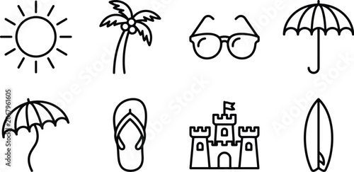 Summer vacation and beach holiday outline icons set vector illustration