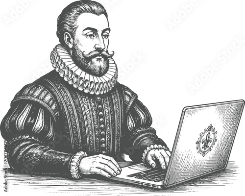 Bild auf Leinwand Vintage Renaissance Man Using Laptop Engraving Retro Technology Vector Illustrat