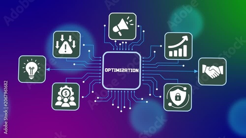 Business optimization technology concept featuring intelligent process improvement, enterprise efficiency management and digital performance enhancement.