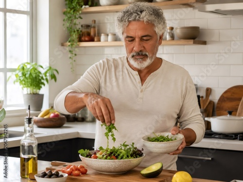 Mature man preparing healthy salad in modern kitchen, adding fresh greens for a nutritious home cooked meal