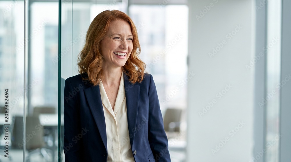 Fototapeta premium Happy professional businesswoman laughing in modern office, corporate success, cheerful female executive, positive business leadership, career growth, confident manager, working environment, joy