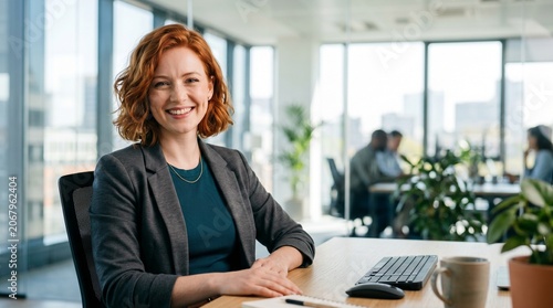 Smiling professional businesswoman at office desk, corporate portrait, successful manager, female executive, modern workplace, business career, happy employee, entrepreneur, confident leader, smart