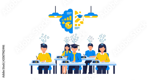 AI Education Concept: Students in Classroom with Digital Brain Symbol Representing Cognitive Learning, Artificial Intelligence, and Modern Pedagogy