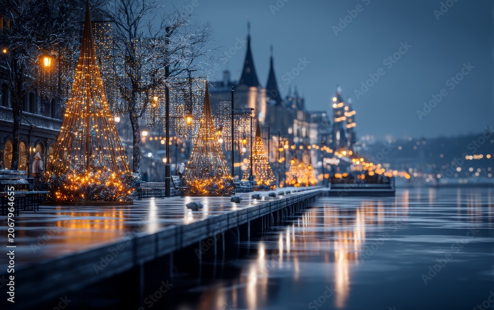 Obraz premium Evening city waterfront with illuminated festive light decorations reflecting on water
