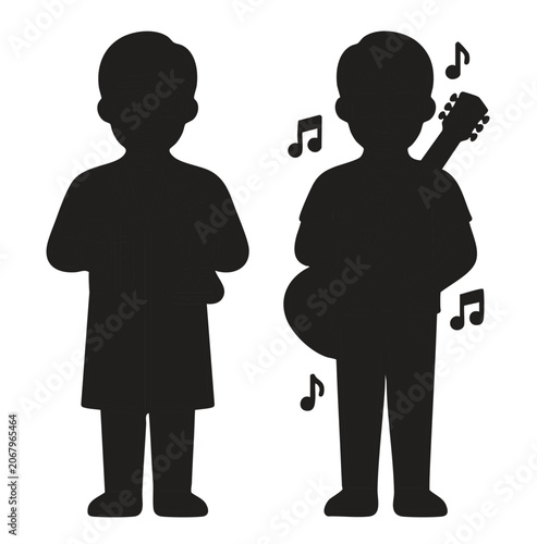 Musician with guitar and notes plus standing person on transparent background.