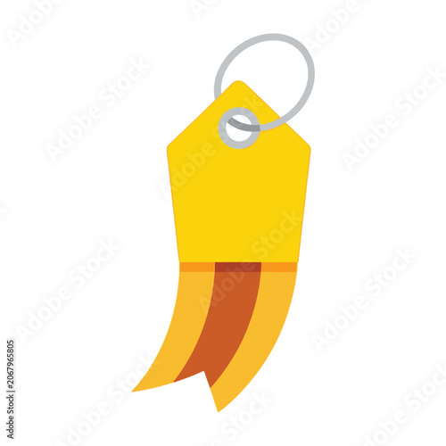 Yellow price tag with metal ring and orange ribbon