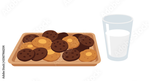 Assorted cookies on a wooden tray accompanied by a glass of milk against a white background, illustrating a classic snack setup