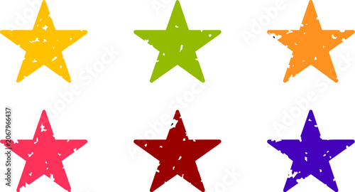Fotografie Six Colorful Stars in Grungy Style: A collection of six stars, each in a different vibrant color, exhibits a distressed, grungy texture, adding a unique artistic flair to simple shapes