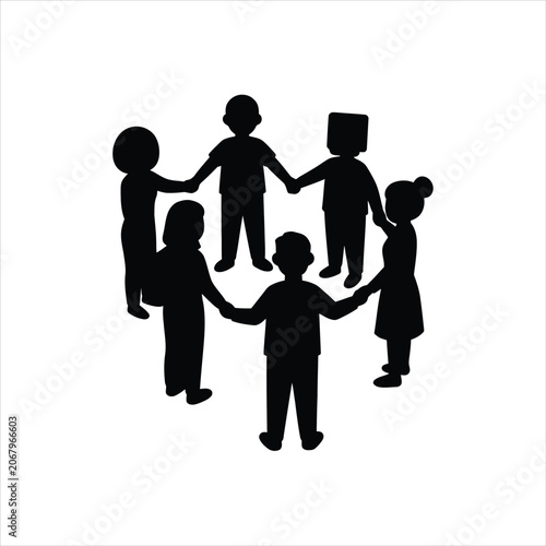 Group of diverse people standing together in a circle holding hands as a team silhouette.