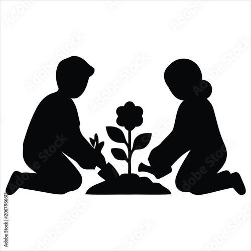 Two people planting a flower in the ground together illustrating teamwork and gardening.