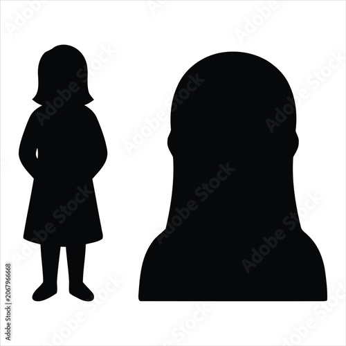 Minimalist graphic silhouette of young girl standing beside large female avatar profile.