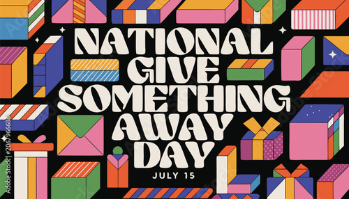 Foto Colorful gift boxes surrounding national give something away day text