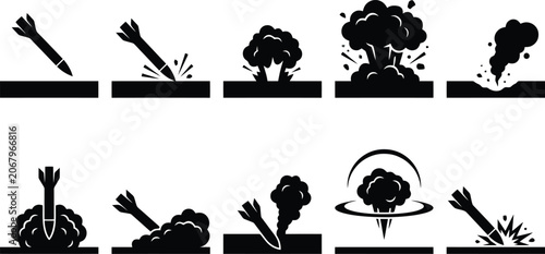 Fotografie Sequence of nine black and white icons illustrating a missile launch and explosi