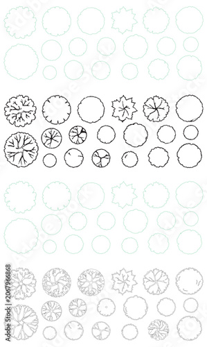Architectural tree symbols for landscape design, minimalist top view plant icons, 80 vector elements for site planning and garden layout