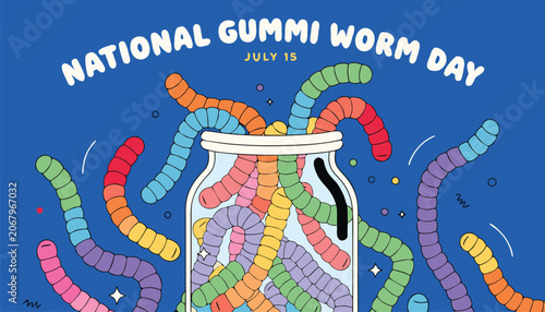 Obraz na płótnie Colorful gummy worms overflowing from a glass jar on blue background