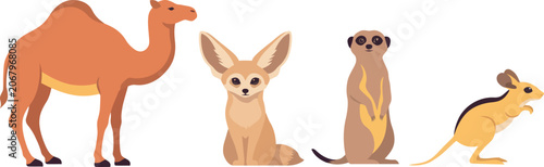 Tableau sur toile Desert Wildlife Animal Vector Set Featuring Camel Fennec Fox Meerkat and Jerboa