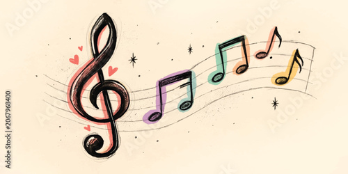 Konstfotografi Hand Drawn Colorful Music Notes with Treble Clef Illustration Background
