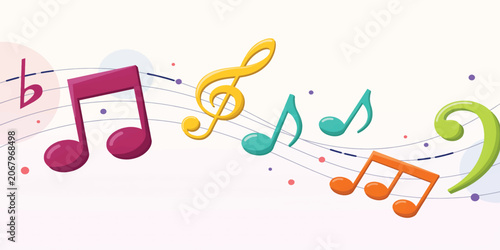 Colorful Musical Notes Background with Treble Clef and Melody Lines