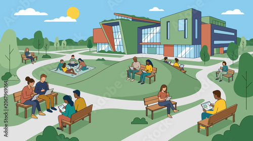 Diverse students study and collaborate outdoors on a sunny campus park.
