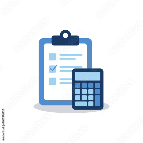 Clipboard Checklist with Calculator Icon – Blue Audit Accounting Survey Flat Vector Illustration
