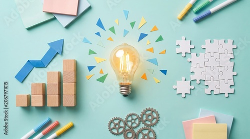 Conceptual illustration featuring a glowing light bulb with dynamic colorful shapes. Represents creativity, inspiration, innovation, brainstorming, entrepreneurship, and strategic business growth.