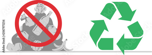 Fotografie Recycling symbol and prohibited waste pile in contrasting circular signs on whit