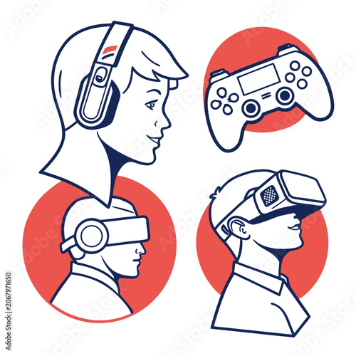 Flat of vr headset and controllers in red and white flat vr headset virtual reality