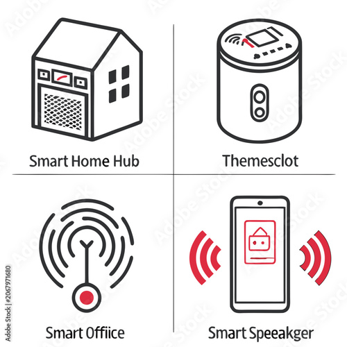Smart home and office io t devices: hub, speaker, thermostat, and router smart home hub