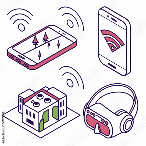 Flat of augmented reality technology with smartphone, glasses, and app interface