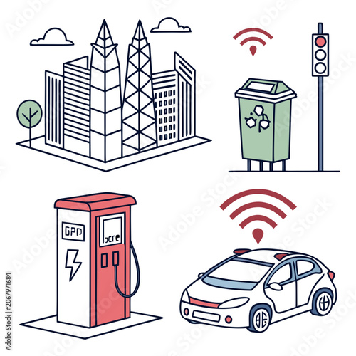 Smart city technology electric car, charging station, recycling, wind turbine, solar panel