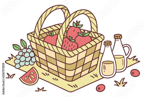 Summer picnic basket filled with fresh fruits and juice bottles strawberries grapes