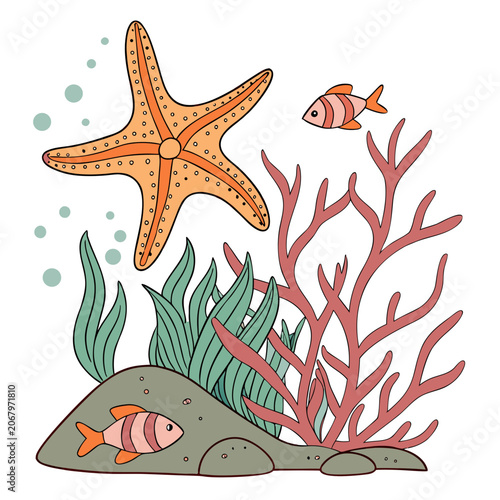 Vibrant coral reef scene with starfish, sea creatures, and tropical plants sea anemone