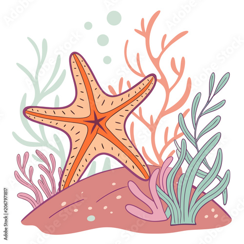 Vibrant starfish and coral reef decorative with seaweed tropical marine life