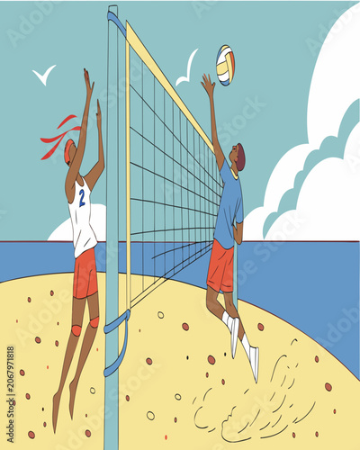 Two athletes competing in beach volleyball with sand particles flying sand court