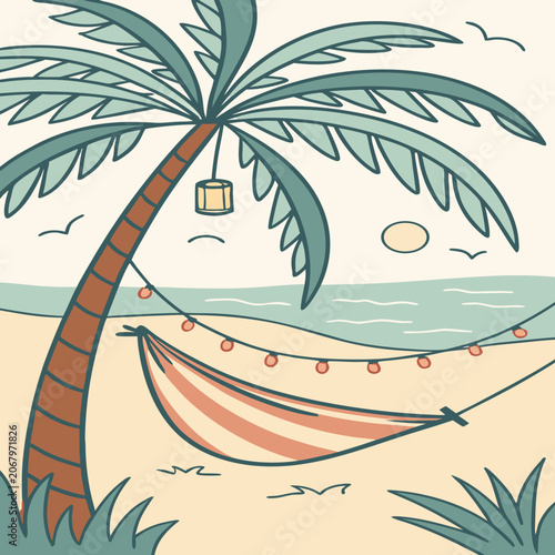 Vibrant illustrated tropical beach scene with palm tree, hammock, and lanterns hanging lanterns