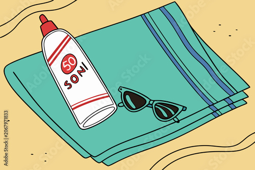 Folded turquoise beach towel with spf 50 sunscreen and sunglasses turquoise towel