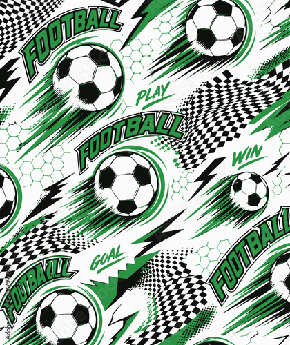 Abstract seamless chaotic pattern with soccer ball and urban geometric elements. Grunge neon texture background for guys. Football sport
