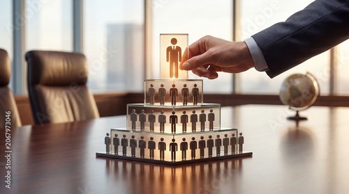 Hand selecting highlighted human figure among team members, representing recruitment, leadership selection, promotion, and talent management.