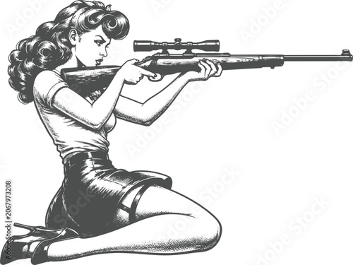 Konstfotografi Vintage Pin Up Woman Holding Rifle Engraving Retro Character Vector Illustration