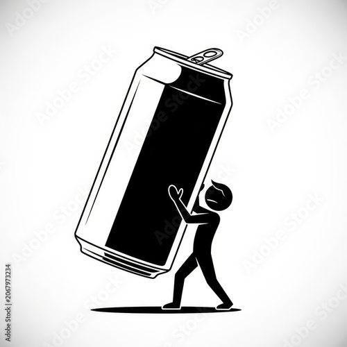 Man struggles to carry huge soda can.
