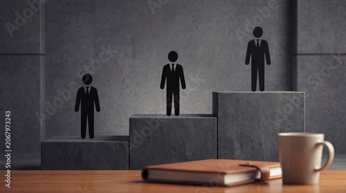 Minimal dark background with human silhouettes on step levels illustrating competition, promotion, hierarchy, and professional advancement.