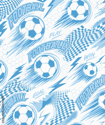 Abstract seamless chaotic pattern with soccer ball and urban geometric elements. Grunge neon texture background for guys. Football sport