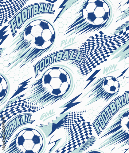 Abstract seamless chaotic pattern with soccer ball and urban geometric elements. Grunge neon texture background for guys. Football sport