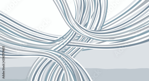 Group of thick grey and white lines entwined in a complex and flowing bundle on a light background for industrial modern concepts.