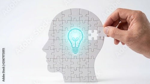 Close-up of puzzle head with glowing idea symbol as missing piece is inserted, representing mental clarity, creativity, and strategic problem resolution.