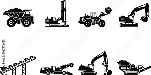 Photos Construction and Mining Machinery Icon Set with Excavator Drill and Heavy Equipm