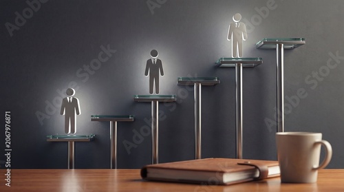 Minimalist business illustration showing figures standing on ascending platforms, symbolizing career progression, leadership growth, promotion, and professional success.